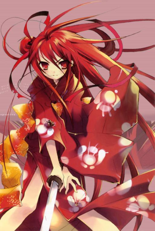 ito noizi, alastor (shakugan no shana), shana, shakugan no shana, 00s, 1girl, female focus, japanese clothes, jewelry, kimono, long hair, pendant, red hair, solo, sword, weapon