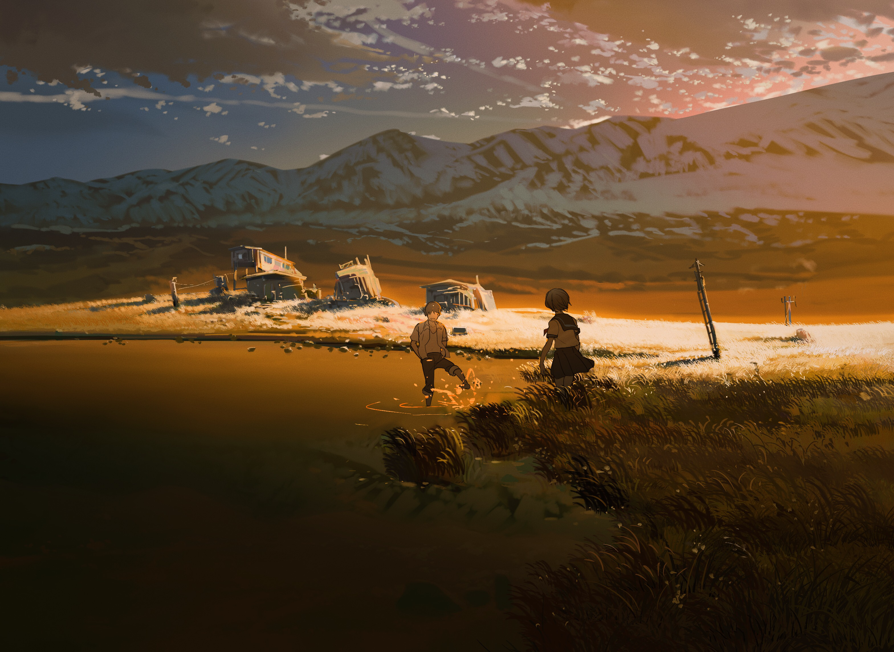 ashorz, original, highres, 1boy, 1girl, black pants, blue sailor collar, blue skirt, cloud, collared shirt, evening, gradient sky, grass, hand in pocket, long sleeves, looking at another, mountain, neckerchief, orange sky, outdoors, pants, red neckerchief, sailor collar, scenery, school uniform, serafuku, shadow, shirt, short hair, skirt, sky, snow, solo, sunset, twilight, water, white serafuku, white shirt