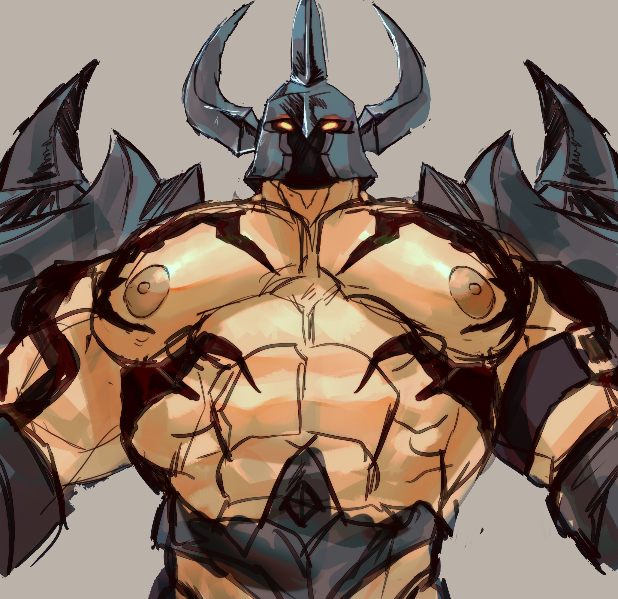 tora (toratgy), mordekaiser, pentakill mordekaiser, league of legends, highres, 1boy, abs, armor, bara, body markings, gauntlets, glowing, glowing eyes, grey background, helmet, huge pectorals, male focus, muscular, muscular male, nipples, pauldrons, shiny skin, shoulder armor, simple background, sketch, solo, straight-on, thick arms, upper body, v-taper