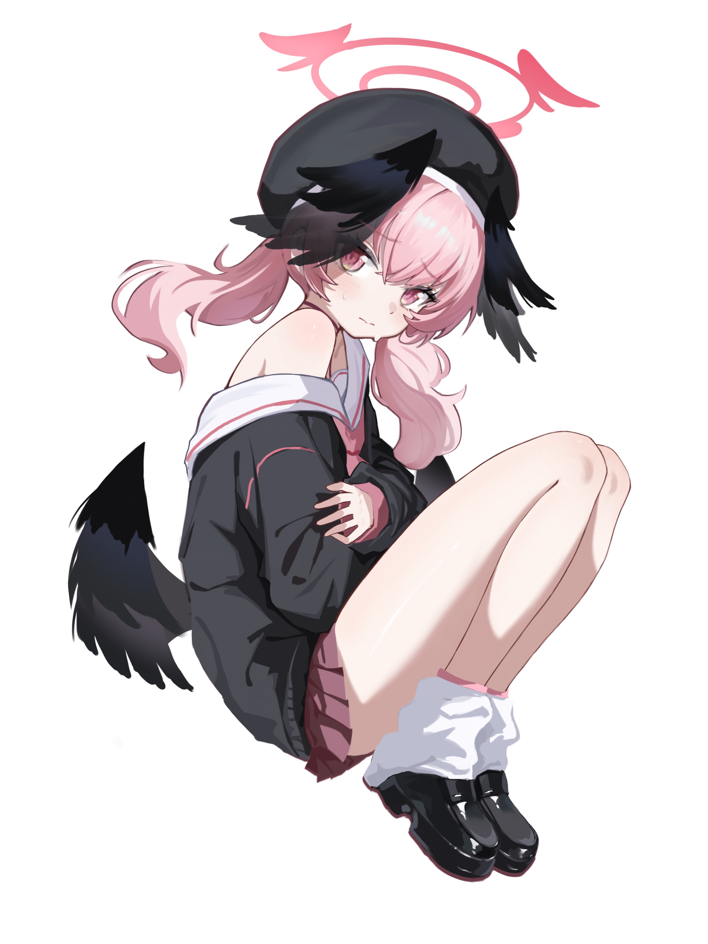 xiaoxiaoyifan, koharu (blue archive), blue archive, absurdres, highres, 1girl, beret, black shirt, black wings, blush, closed mouth, feathered wings, halo, hat, head wings, long hair, long sleeves, looking at viewer, loose socks, low wings, neckerchief, pink eyes, pink hair, pink neckerchief, pleated skirt, sailor collar, shirt, shoes, simple background, single bare shoulder, skirt, socks, solo, twintails, white background, white sailor collar, white socks, wings