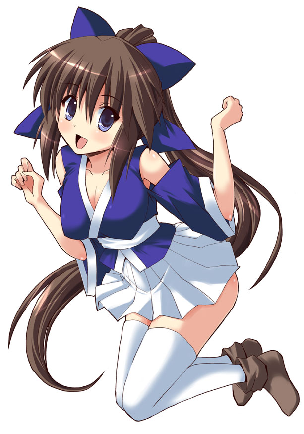 shinshin, suzu (nagasarete airantou), nagasarete airantou, 00s, 1girl, blue eyes, breasts, brown hair, cleavage, female focus, hair ribbon, large breasts, long hair, open mouth, pleated skirt, ribbon, simple background, skirt, solo, thighhighs, very long hair, white background, white thighhighs, zettai ryouiki