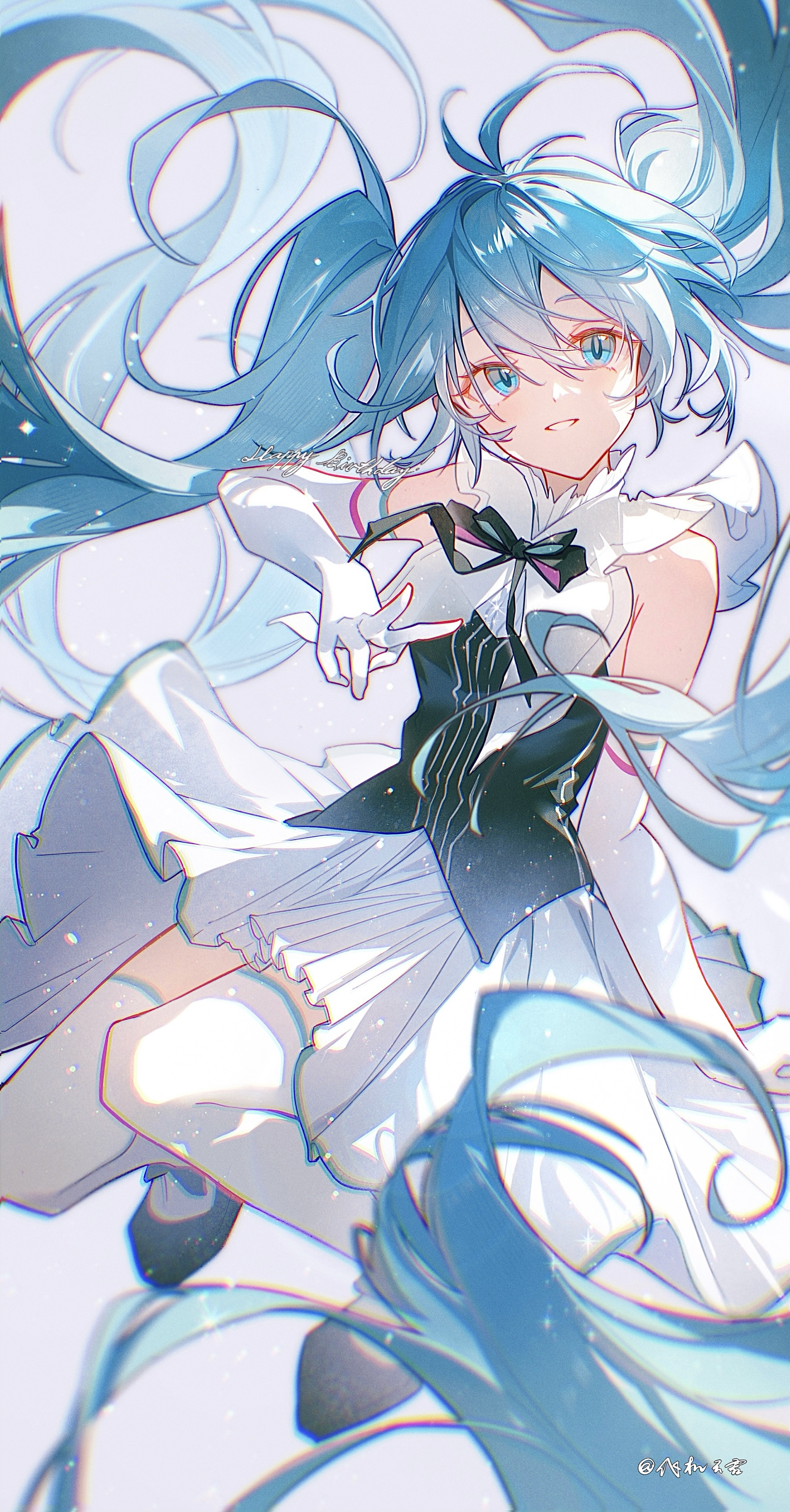 cloudyman, hatsune miku, absurdres, highres, 1girl, aqua eyes, bare shoulders, black ribbon, blue eyes, blue hair, chromatic aberration, dress, elbow gloves, floating hair, gloves, grey background, hair over one eye, light particles, long hair, looking at viewer, neck ribbon, parted lips, ribbon, simple background, skirt, sleeveless, sleeveless dress, smile, solo, thighhighs, twintails, v, very long hair, white background, white dress, white gloves, white skirt, white thighhighs