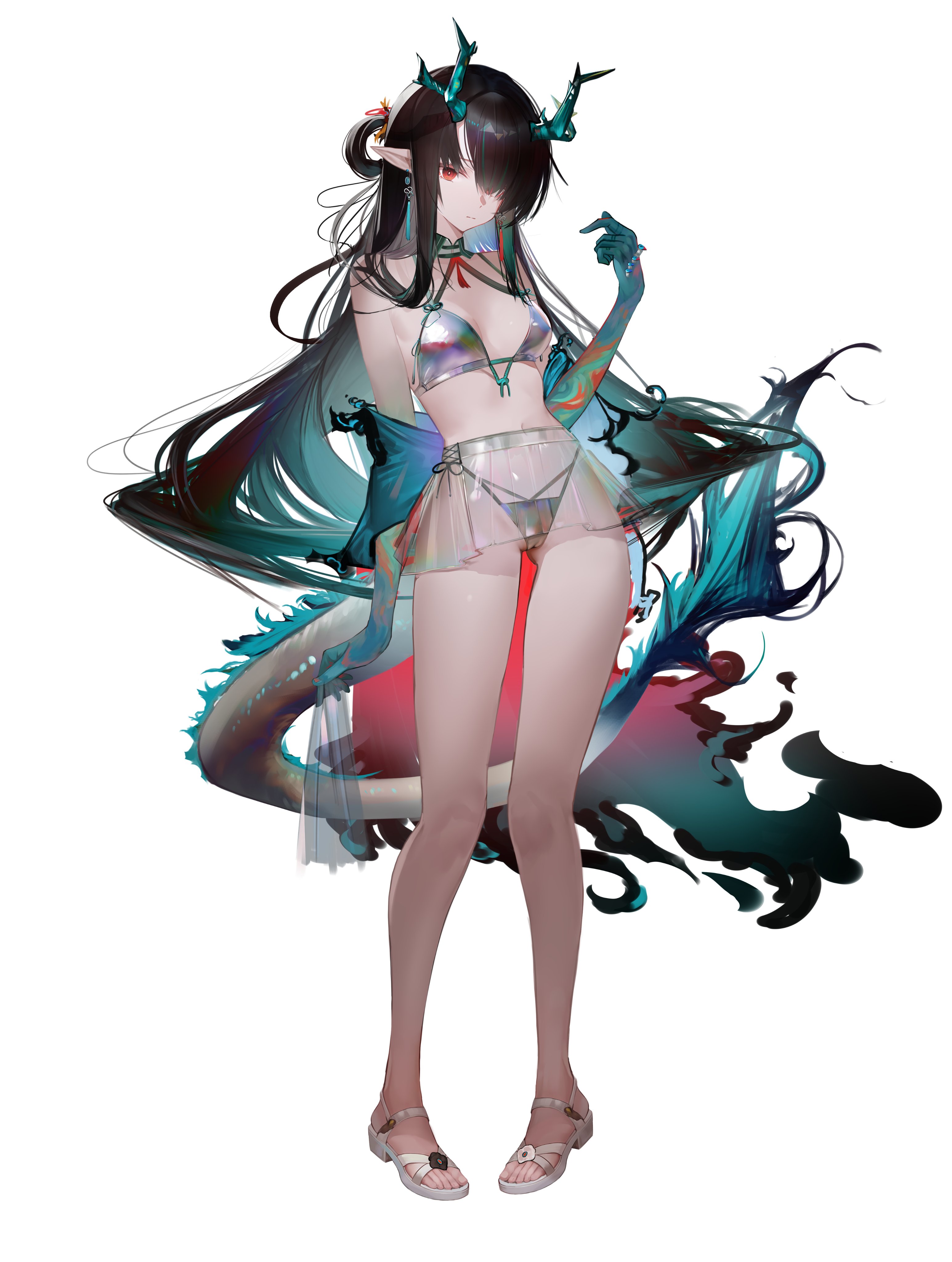 ligod, dusk (arknights), arknights, absurdres, commentary request, highres, 1girl, aqua collar, aqua hair, aqua horns, aqua skin, arm up, bare legs, bare shoulders, bikini, black hair, breasts, cameltoe, closed mouth, collar, colored skin, detached collar, dragon girl, earrings, eastern dragon horns, eastern dragon tail, full body, gradient skin, grey bikini, hair over one eye, highleg, highleg bikini, horns, jewelry, long hair, looking at viewer, medium breasts, microskirt, multi-strapped bikini top, multicolored collar, multicolored hair, multicolored skin, navel, orange skin, pointy ears, red eyes, sandals, see-through clothes, see-through skirt, shoes, side-tie bikini bottom, simple background, skirt, solo, standing, stomach, swimsuit, tail, two-tone collar, two-tone hair, white background, white collar, white shoes