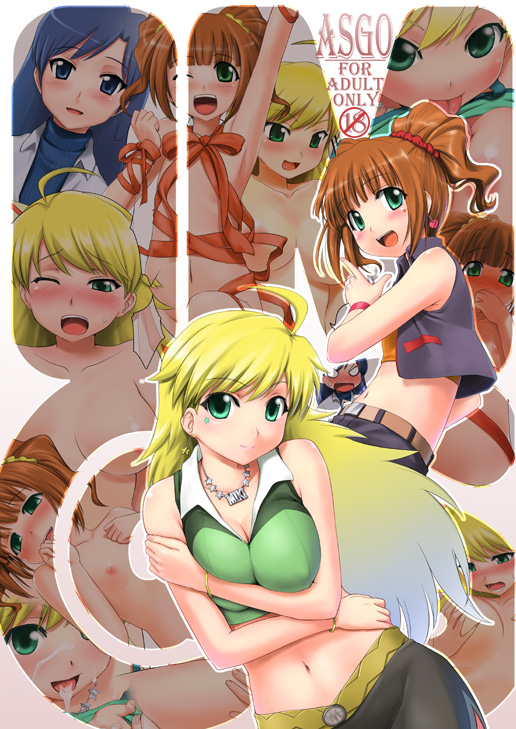 zanzi, hoshii miki, kisaragi chihaya, takatsuki yayoi, idolmaster, idolmaster (classic), idolmaster 1, 00s, 3girls, :d, ahoge, arm up, belt, blonde hair, blue eyes, blue hair, blush, bracelet, breasts, breasts squeezed together, brown hair, character name, cleavage, collarbone, content rating, cum, cum in mouth, cum on body, earrings, facial, flat chest, green eyes, heart, index finger raised, jewelry, large breasts, long hair, looking at viewer, midriff, multiple girls, navel, necklace, nipples, nose blush, one eye closed, open mouth, ribbon, scrunchie, shirt, skirt, sleeveless, smile, star (symbol), tongue, tongue out, twintails, wink