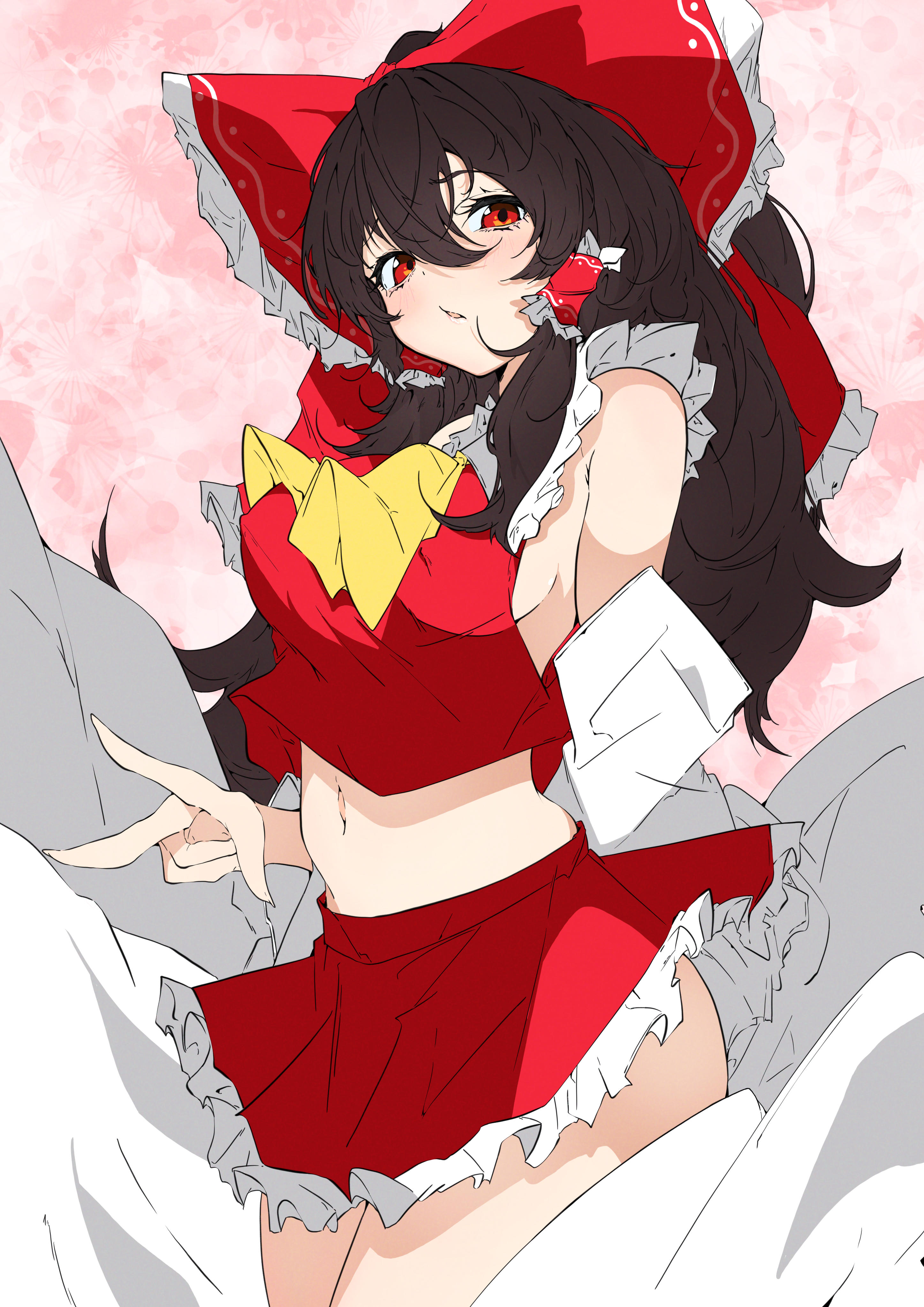 unanooo (fthx7532), hakurei reimu, touhou, absurdres, commentary, highres, 1girl, arm behind back, ascot, bare shoulders, black hair, blush, bow, breasts, covered erect nipples, cowboy shot, detached sleeves, eyelashes, frilled bow, frilled hair tubes, frilled shirt collar, frilled skirt, frills, hair between eyes, hair bow, hair tubes, huge bow, long hair, long sleeves, looking at viewer, medium breasts, midriff, miniskirt, navel, no bra, nontraditional miko, parted lips, pink background, red bow, red eyes, red shirt, red skirt, shirt, sideboob, sidelocks, simple background, skirt, sleeveless, sleeveless shirt, solo, v, very long hair, yellow ascot