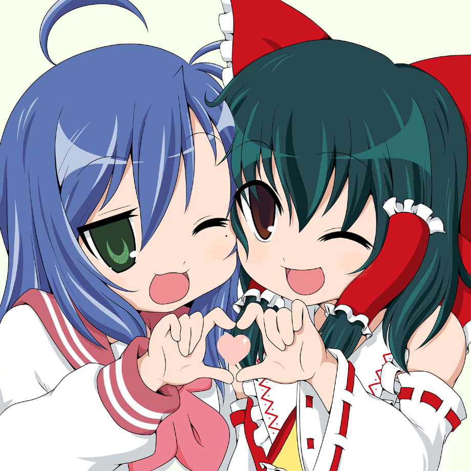 bluepony, hakurei reimu, izumi konata, lucky star, touhou, eyebrows, 00s, 2girls, ahoge, bare shoulders, black hair, bow, brown eyes, crossover, detached sleeves, four-finger heart hands, green eyes, hair between eyes, hair bow, hair tubes, heart, heart hands, heart hands duo, heart in heart hands, long sleeves, mole, mole under eye, multiple girls, one eye closed, open mouth, purple hair, short hair, smile