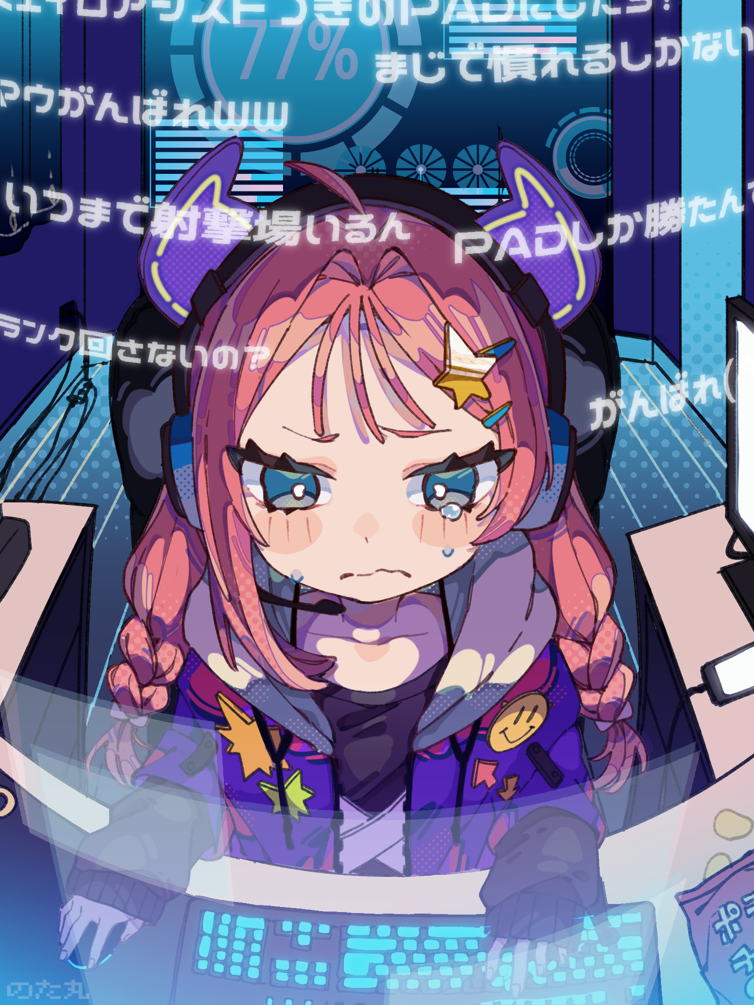 notamaru 2, original, commentary request, highres, 1girl, ahoge, ako-chan (notamaru 2), black shirt, blush stickers, braid, closed mouth, collarbone, computer keyboard, frown, hair ornament, headphones, holding computer mouse, hood, hoodie, horns, indoors, long hair, long sleeves, monitor, open clothes, open hoodie, pink hair, purple hoodie, purple horns, shirt, solo, star (symbol), star hair ornament, tears, twin braids, upper body