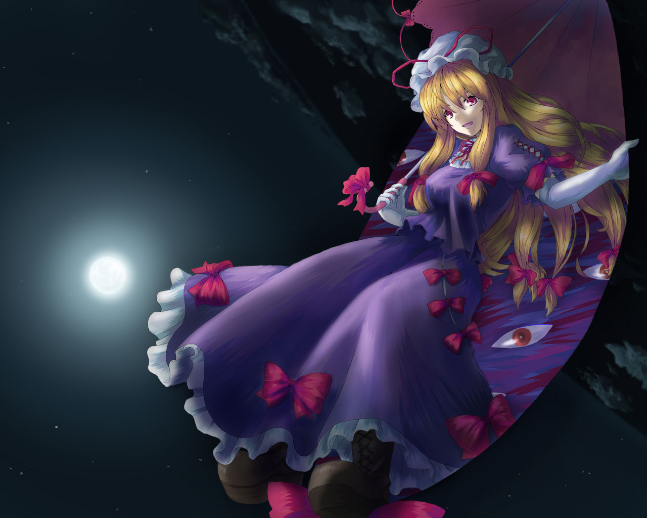 kinsenka, yakumo yukari, touhou, 1girl, aprilrain, blonde hair, bow, breasts, dress, elbow gloves, female focus, gap (touhou), gloves, gradient background, hair bow, hat, long hair, moon, multiple hair bows, outdoors, red eyes, sky, solo, umbrella