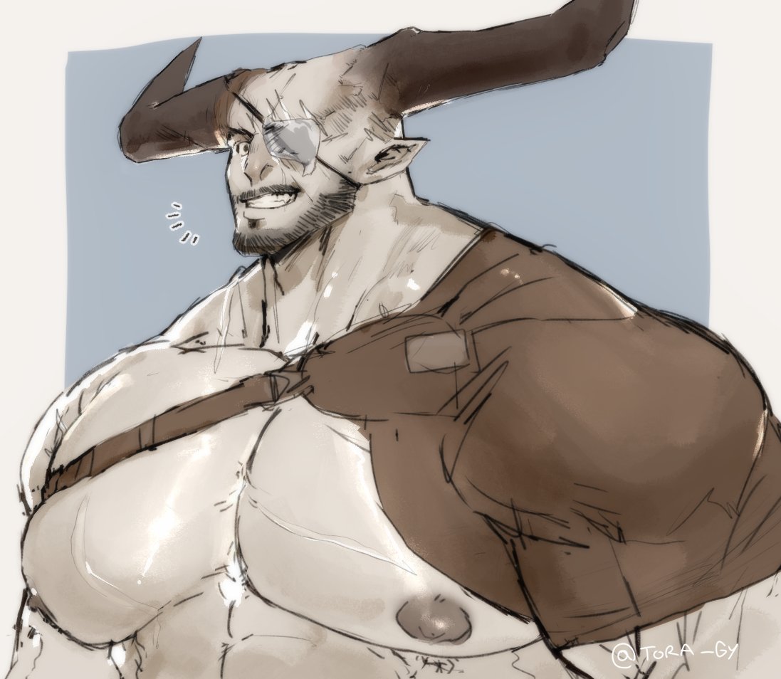 tora (toratgy), the iron bull, dragon age, dragon age: inquisition, 1boy, abs, bald, bara, bare pectorals, beard stubble, broad shoulders, chest harness, colored skin, eyepatch, facial hair, grey skin, grin, harness, horns, huge pectorals, male focus, muscular, muscular male, nipples, one eye covered, pectorals, scar, scar on chest, scar on shoulder, shiny skin, signature, simple background, sketch, skindentation, smile, solo, stubble, twitter username, upper body