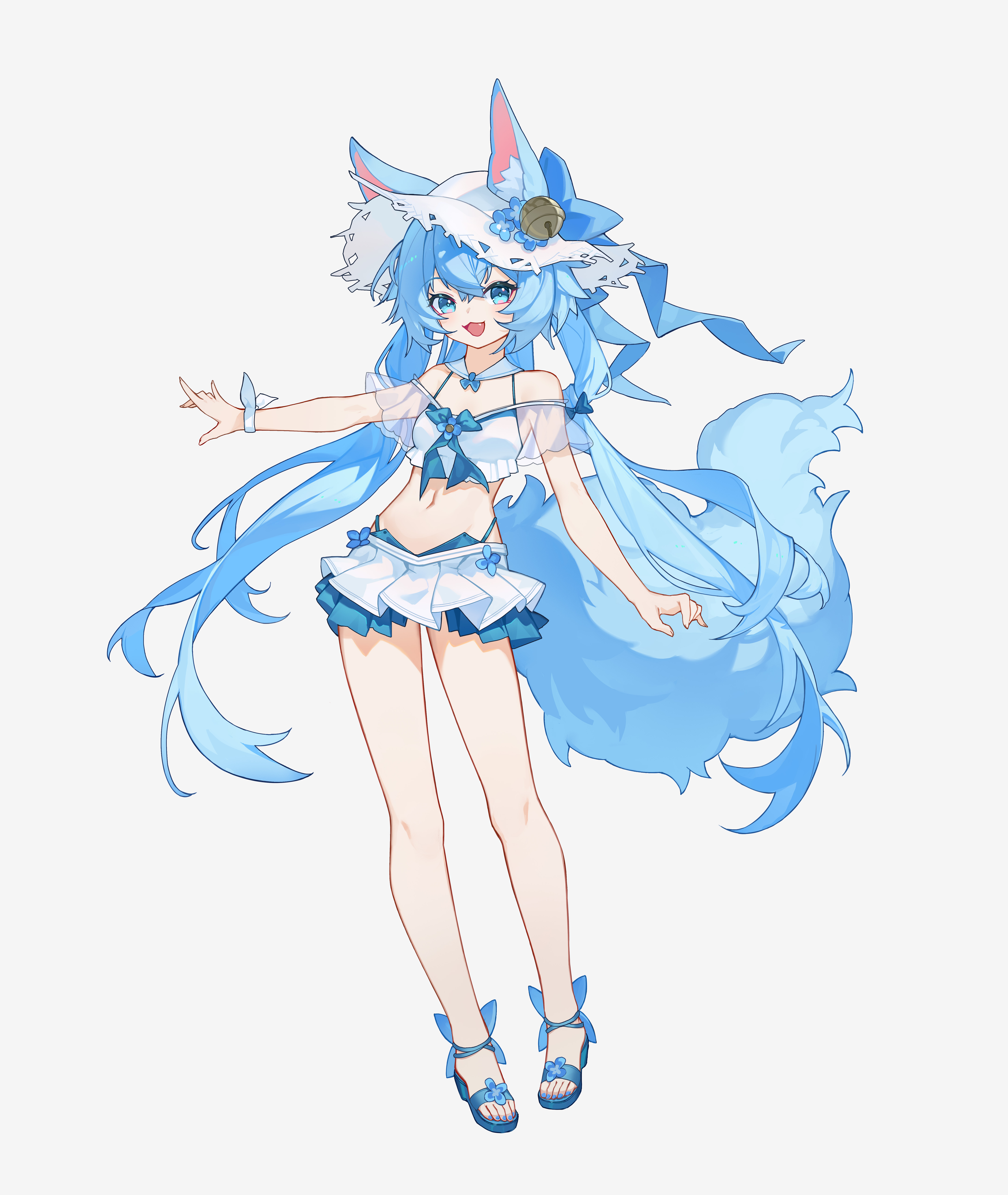 original, absurdres, highres, 1girl, animal ear fluff, animal ears, bell, bikini, bikini skirt, blue bow, blue eyes, blue hair, blue tail, bow, breasts, cai xiao xi, ears through headwear, fox ears, fox girl, fox tail, full body, hat, long hair, looking at viewer, navel, open mouth, sandals, simple background, skirt, smile, solo, sun hat, swimsuit, tail, thighhighs, twintails, white background, white bikini, white thighhighs