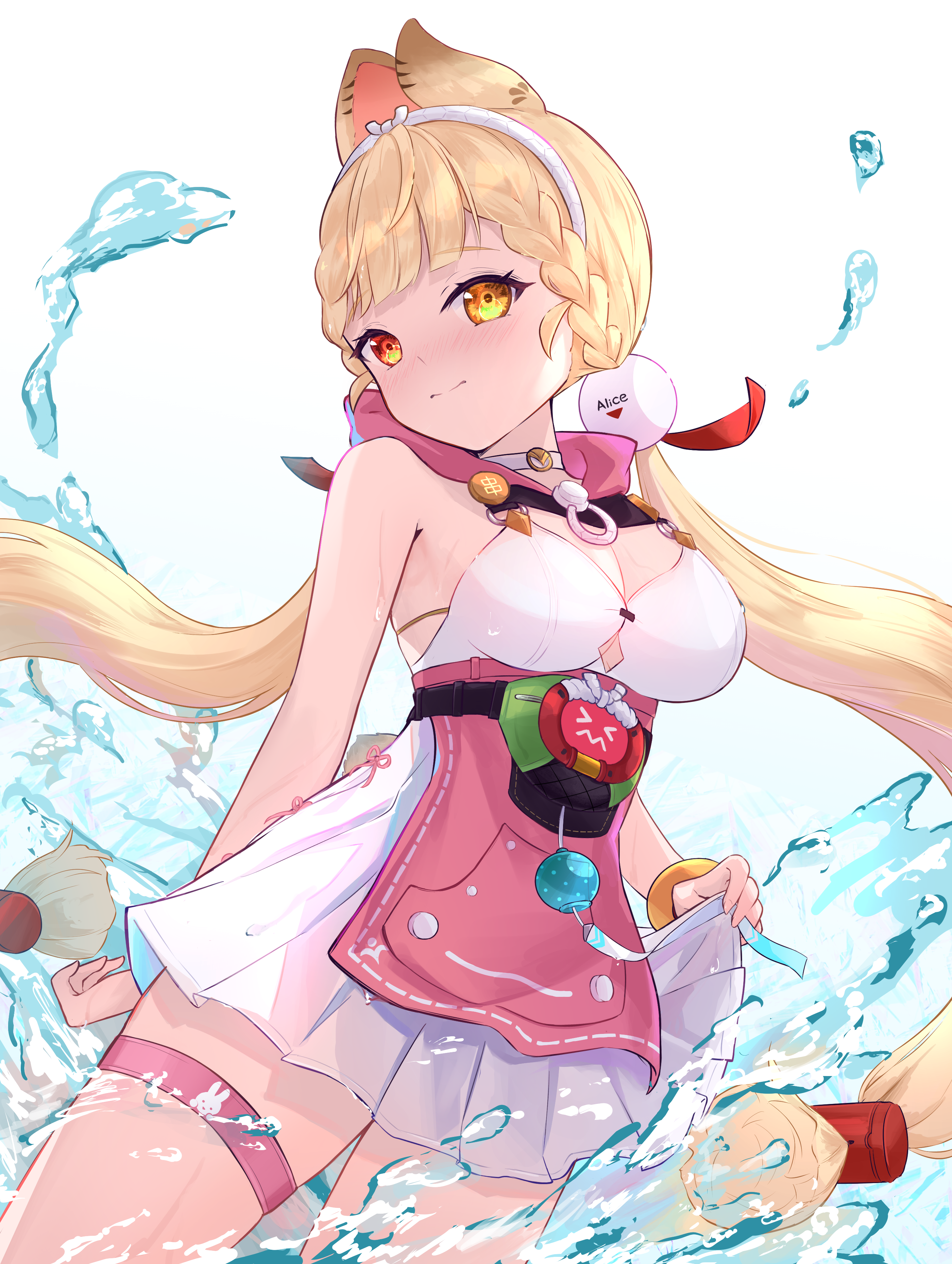 poumi, alice thymefield, alice thymefield (sea of thyme), zenless zone zero, absurdres, highres, 1girl, animal ears, blonde hair, breasts, choker, cleavage, closed mouth, heterochromia, long hair, looking at viewer, low twintails, medium breasts, official alternate costume, one-piece swimsuit, rabbit ears, rabbit girl, red eyes, smile, solo, swimsuit, thigh strap, twintails, very long hair, water, white choker, white one-piece swimsuit, yellow eyes