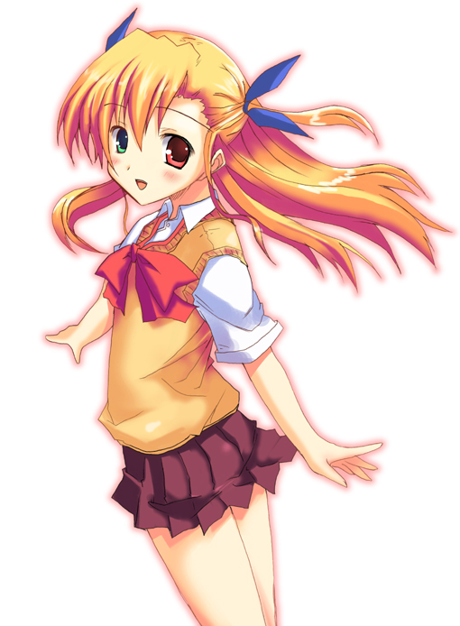 karamiti, vivio, lyrical nanoha, mahou shoujo lyrical nanoha, mahou shoujo lyrical nanoha strikers, 00s, blonde hair, green eyes, heterochromia, long hair, red eyes, school uniform, serafuku, solo, sweater, sweater vest, vest