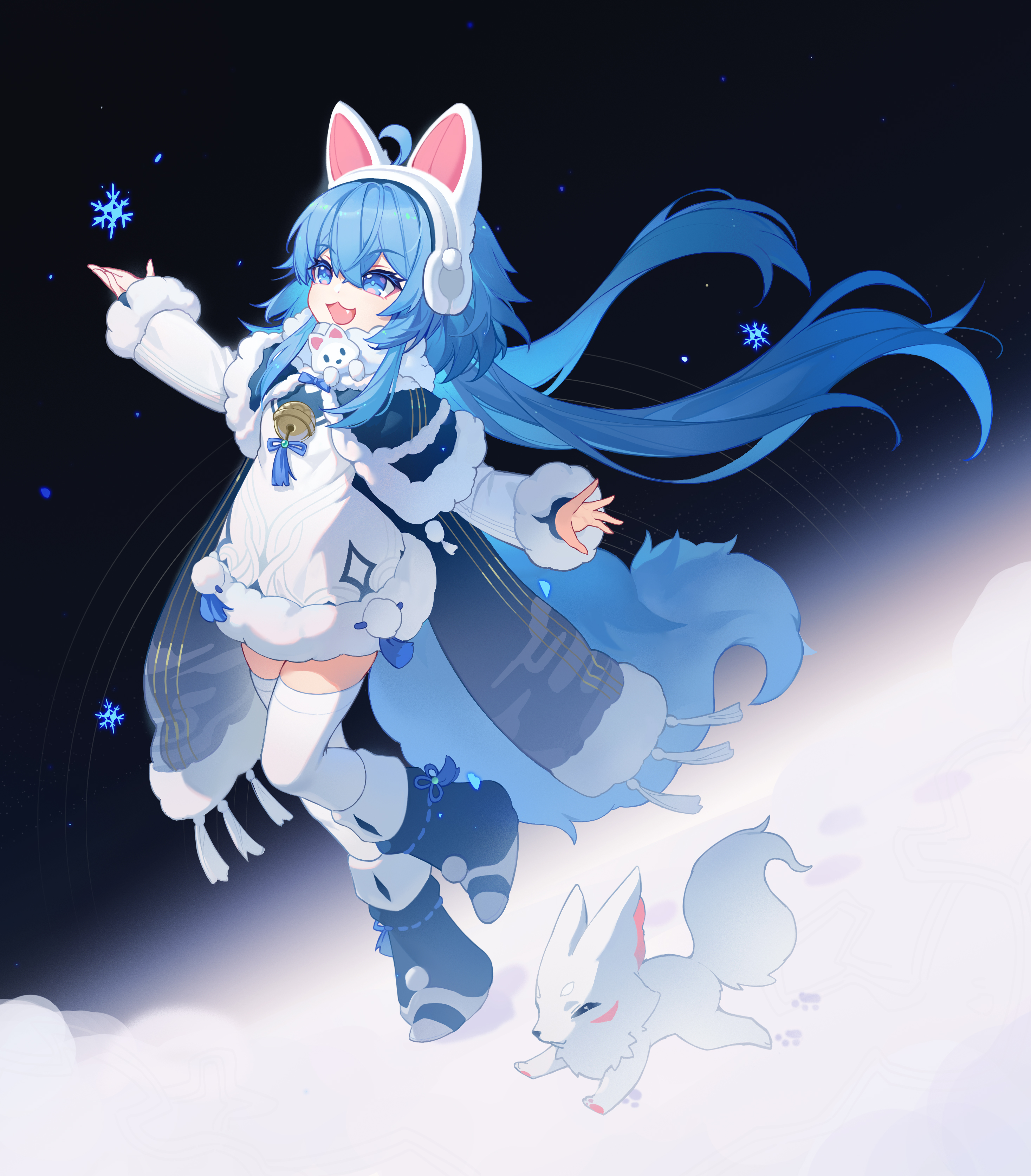 original, absurdres, highres, 1girl, :3, ahoge, animal ear headphones, animal ears, bell, blue eyes, blue hair, boots, cai xiao xi, cape, capelet, dress, earmuffs, fake animal ears, fang, fox, full body, fur-trimmed capelet, fur-trimmed dress, fur-trimmed sleeves, fur trim, headphones, long hair, long sleeves, open mouth, pom pom (clothes), skin fang, smile, snow, snowflakes, solo, tail, thighhighs, very long hair, white dress, white thighhighs