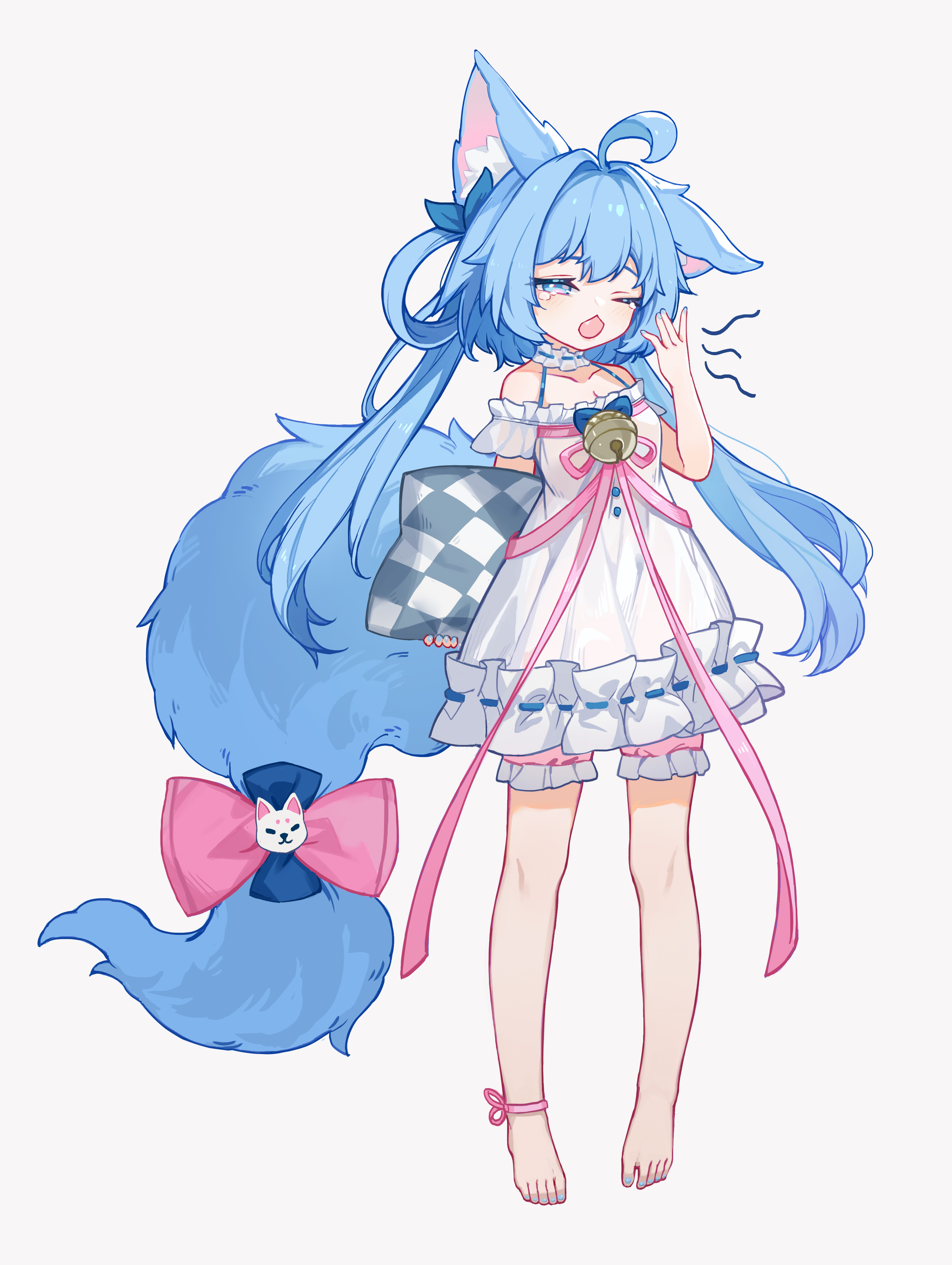 original, absurdres, highres, 1girl, animal ear fluff, animal ears, bare shoulders, barefoot, bell, bloomers, blue eyes, blue hair, bow, cai xiao xi, dress, full body, hair bow, holding, holding pillow, jingle bell, long hair, off shoulder, one eye closed, open mouth, pillow, pink bow, pink ribbon, ribbon, simple background, sleepy, solo, standing, tail, tail bow, tail ornament, twintails, underwear, very long hair, white background, white dress, yawning