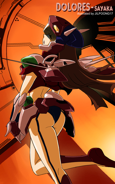 jilpoong17, dolores, dolores (zone of the enders), yumi sayaka, mazinger (series), mazinger z, zone of the enders, zone of the enders: dolores i, ass, brown hair, closed eyes, cosplay, long hair, mecha, mecha musume, panties, robot, solo, underwear