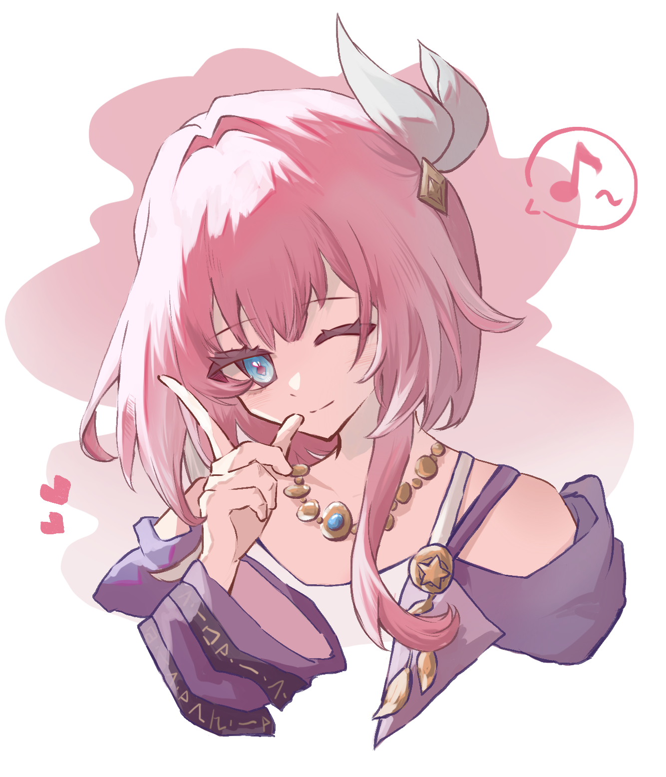 cyrene (honkai: star rail), honkai: star rail, honkai (series), chinese commentary, commentary request, highres, 1girl, ;), bare shoulders, blue eyes, coat, cropped torso, dress, heart, huan ran, jewelry, looking at viewer, musical note, necklace, one eye closed, pink hair, purple coat, short hair, smile, solo, spoken musical note, two-tone background, white dress