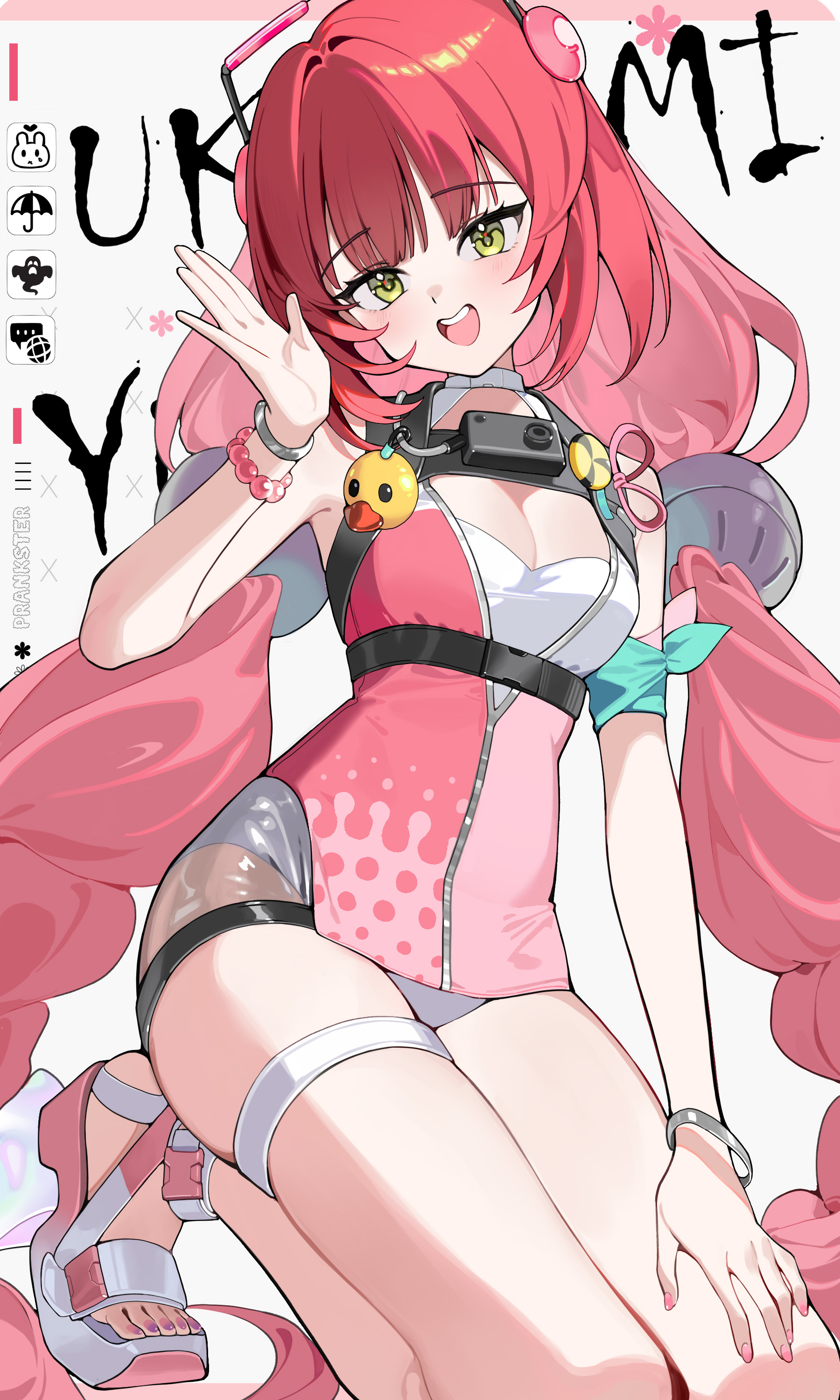 adcd, ukinami yuzuha, ukinami yuzuha (tanuki in broad daylight), zenless zone zero, absurdres, highres, 1girl, braid, choker, green eyes, long hair, looking at viewer, low twin braids, official alternate costume, one-piece swimsuit, open mouth, pink one-piece swimsuit, red hair, sandals, smile, solo, swimsuit, teeth, thigh strap, twin braids, upper teeth only, very long hair, white choker, white sandals