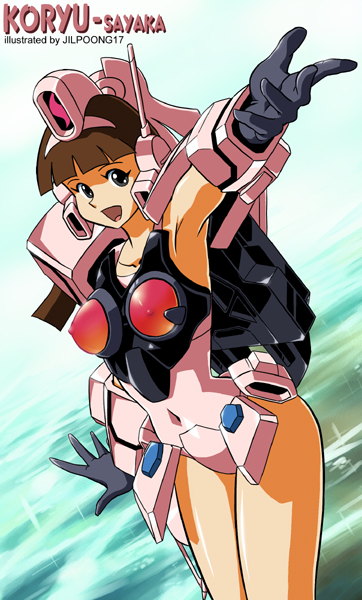 jilpoong17, kouryu, yumi sayaka, mazinger (series), mazinger z, yuusha ou gaogaigar, yuusha series, 1girl, armpits, brown hair, cosplay, female focus, happy, looking at viewer, mecha, open mouth, outstretched arm, outstretched hand, reaching, robot, smile, solo