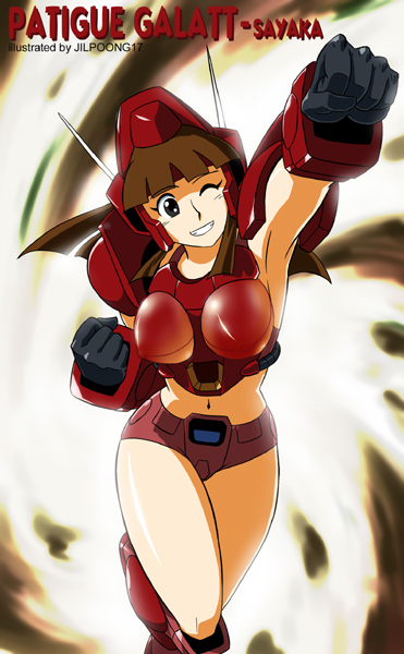 jilpoong17, yumi sayaka, mazinger (series), mazinger z, 1girl, brown hair, clenched hands, cosplay, female focus, gloves, mecha, midriff, one eye closed, patigue galatt, robot, solo