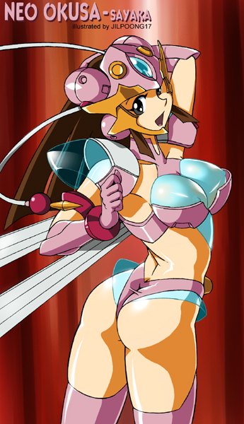 jilpoong17, neo okusaer, yumi sayaka, mazinger (series), mazinger z, shinkon gattai godannar!!, 1girl, ass, back, cosplay, female focus, mecha, mecha musume, robot, solo, thighhighs