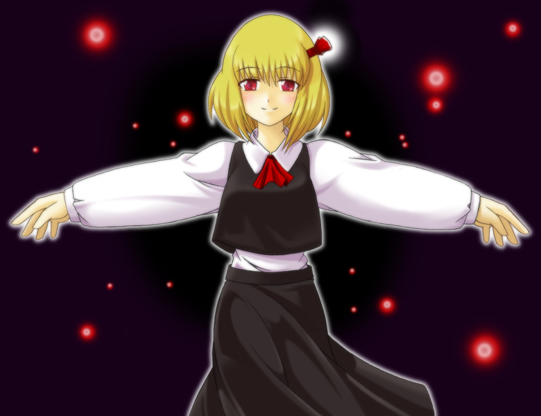 tsukinami, tsukinami kousuke, rumia, embodiment of scarlet devil, touhou, 1girl, blonde hair, blue days, female focus, hair ribbon, necktie, outstretched arms, red eyes, ribbon, short hair, solo, spread arms