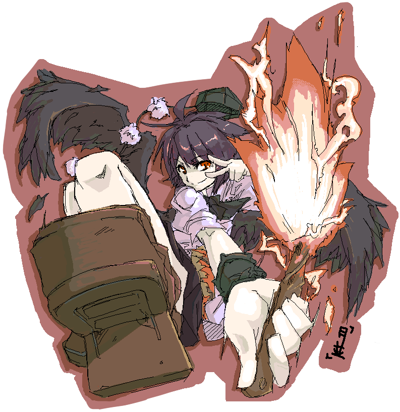 tsukinami, tsukinami kousuke, shameimaru aya, touhou, 1girl, blue days, female focus, geta, looking at viewer, oekaki, smile, solo, tengu-geta