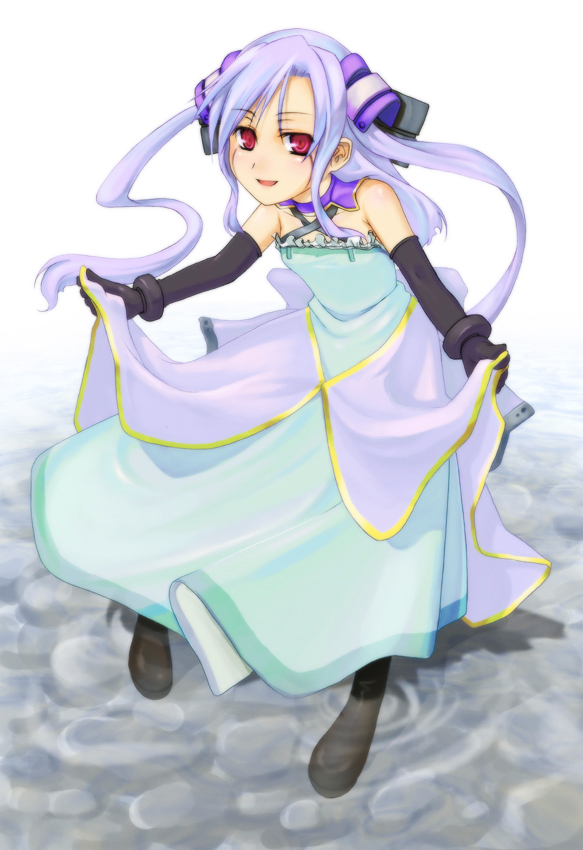 tsukinami, tsukinami kousuke, blue days, blue hair, dress, gloves, red eyes, solo, water