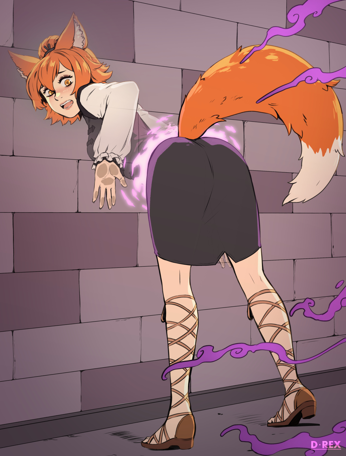 d-rex, original, highres, 1girl, animal ears, artist name, black ribbon, black skirt, breasts, brick wall, fox ears, fox tail, from behind, hair ribbon, long sleeves, medium breasts, orange hair, ponytail, ribbon, shirt, shoes, short hair, skirt, solo, tail, tentacles, through wall, white shirt