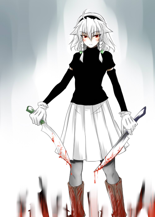 tajima yuuki, izayoi sakuya, fate/stay night, fate (series), touhou, 1girl, ahoge, blood, boots, braid, female focus, field of blades, gloves, gradient background, hairband, knife, pantyhose, parody, pleated skirt, red eyes, ribbon, skirt, solo, sword, throwing knife, weapon, white background, white hair