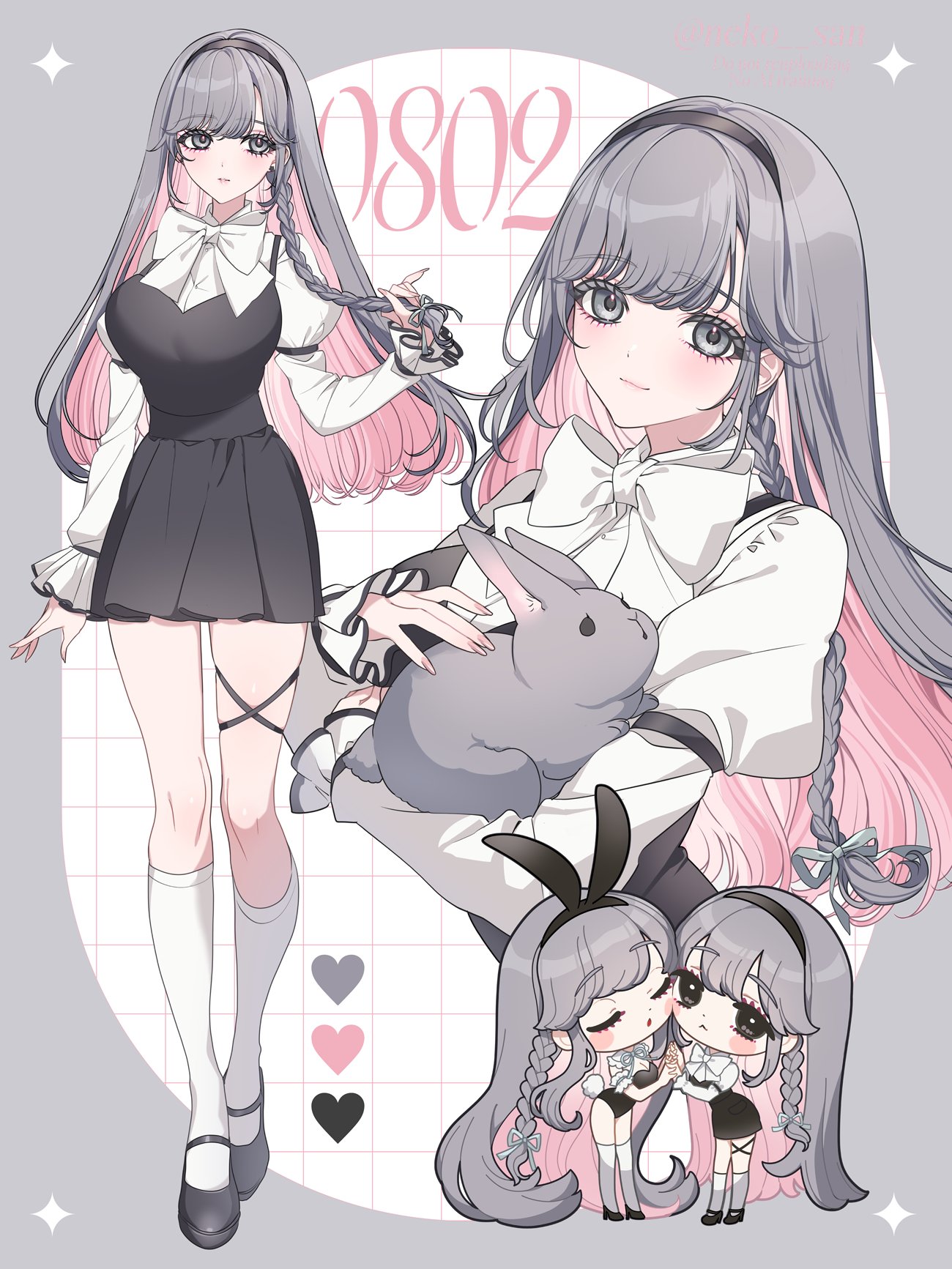 neko-san (dim.dream), original, commentary request, highres, 1girl, animal ears, black hairband, black leotard, blush, bow, bowtie, braid, breasts, bunny day, closed mouth, colored inner hair, dress, full body, grey eyes, grey hair, hairband, large breasts, leotard, long hair, long sleeves, looking at viewer, multicolored hair, multiple views, pink hair, rabbit, rabbit ears, rabbit tail, shirt, sleeveless, sleeveless dress, smile, socks, tail, white bow, white bowtie, white shirt, white socks