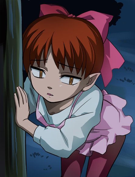 haruyama kazunori, nekomusume, gegege no kitarou, toei company, 1girl, bent over, bow, fang, female focus, hair bow, open mouth, orange eyes, pantyhose, pink bow, red hair, solo