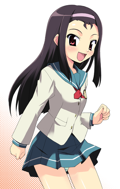 nippori, minase iori, idolmaster, idolmaster xenoglossia, 00s, 1girl, :d, blue sailor collar, blue skirt, blush, female focus, hairband, long sleeves, looking at viewer, open mouth, panties, pantyshot, pleated skirt, sailor collar, school uniform, serafuku, sidelocks, skirt, smile, solo, standing, underwear, upskirt, white panties