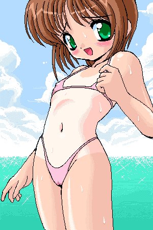 marcy dog, kinomoto sakura, cardcaptor sakura, lowres, 1990s (style), 1girl, bikini, blush, brown hair, cameltoe, cloud, collarbone, day, female focus, flat chest, green eyes, highleg, highleg bikini, looking at viewer, micro bikini, navel, ocean, oekaki, one-piece tan, open mouth, outdoors, pink bikini, retro artstyle, short hair, sky, smile, solo, standing, swimsuit, tan, tanline, water, wet