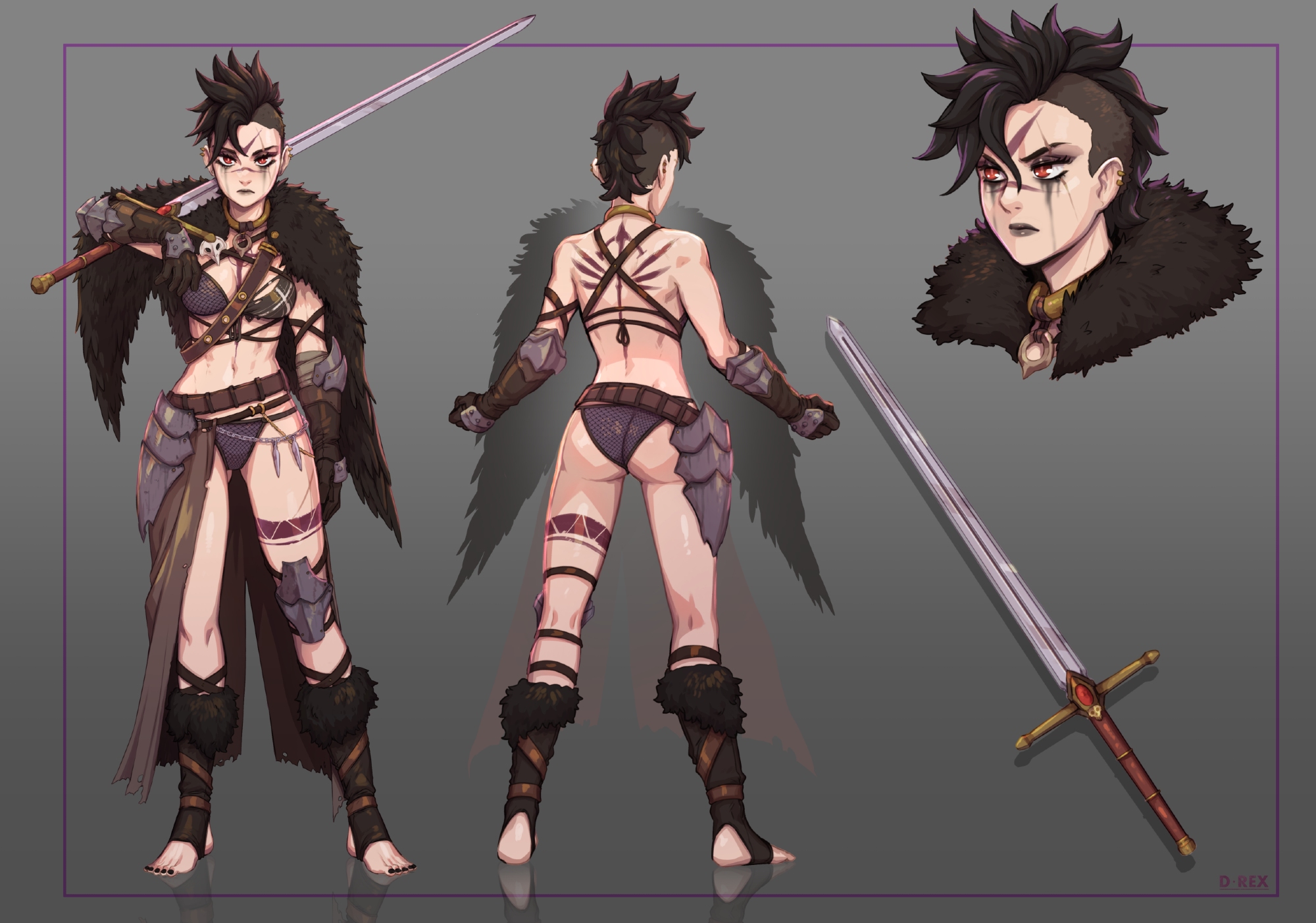 d-rex, original, commentary, english commentary, highres, 1girl, ass, back tattoo, belt, black hair, black panties, breasts, brown belt, brown gloves, clenched hand, closed mouth, coat, fur coat, gloves, gradient background, grey background, holding, holding sword, holding weapon, large breasts, nail polish, navel, orange eyes, panties, shiny skin, shoes, short hair, sword, tattoo, toenail polish, toenails, underwear, weapon