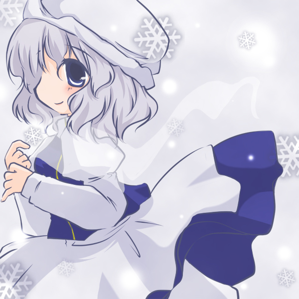 futami yayoi, letty whiterock, touhou, 1girl, apron, blue eyes, dress, female focus, from side, grey hair, hat, long sleeves, profile, puffy long sleeves, puffy sleeves, short hair, smile, snow, snowflakes, snowing, solo