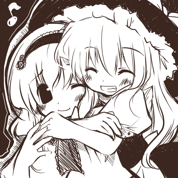 futami yayoi, alice margatroid, kirisame marisa, touhou, 2girls, blush, closed eyes, female focus, friends, greyscale, grin, happy, hat, hug, monochrome, multiple girls, musical note, one eye closed, quaver, sketch, smile, witch hat