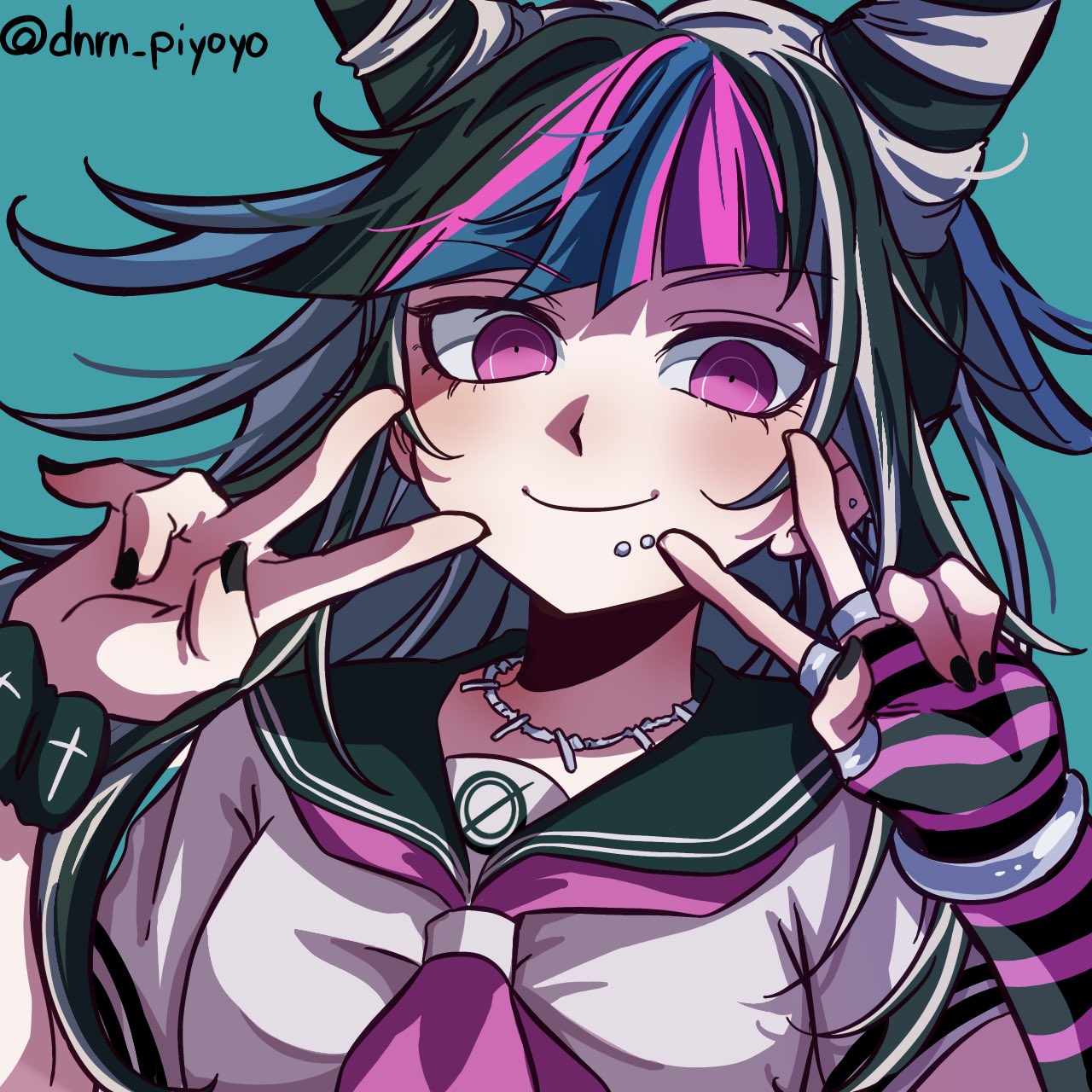 mono shiri hakase, mioda ibuki, danganronpa (series), danganronpa 2: goodbye despair, highres, 1girl, black gloves, black hair, black nails, black sailor collar, blush, closed mouth, double v, face piercing, fingerless gloves, gloves, green background, green hair, grey shirt, long hair, mouth piercing, nail polish, neckerchief, piercing, pink eyes, pink gloves, pink hair, pink neckerchief, sailor collar, shirt, simple background, smile, solo, v, white hair