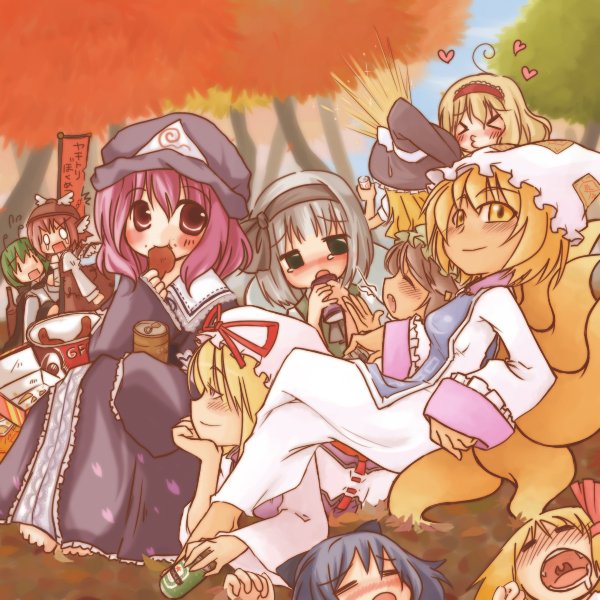futami yayoi, alice margatroid, chen, cirno, hakurei reimu, kirisame marisa, konpaku youmu, mystia lorelei, rumia, saigyouji yuyuko, wriggle nightbug, yakumo ran, yakumo yukari, touhou, silver hair, > <, 0 0, 6+girls, = =, ^^^, alcohol, antennae, barefoot, beer, blonde hair, blue hair, blush, bow, breasts, brown hair, cape, closed eyes, dress, drooling, drunk, earrings, female focus, food, fox tail, green hair, hair bow, hat, heart, jewelry, multiple girls, multiple tails, nature, o3o, o o, open mouth, outdoors, party, pink hair, plant, red eyes, red hair, short hair, sky, tail, tears, toes, uvula, witch hat, | |
