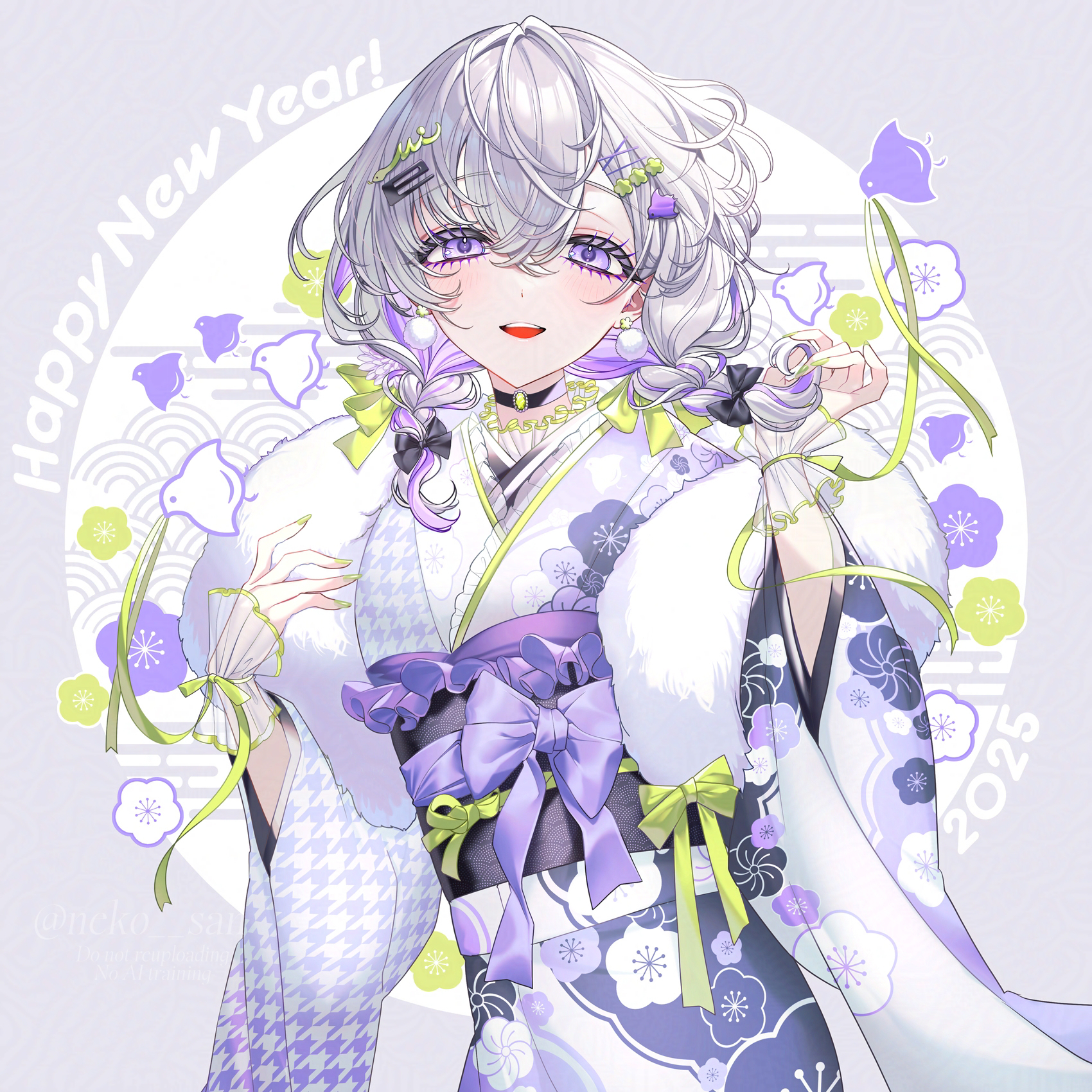 neko-san (dim.dream), monami (neko-san (dim.dream)), original, commentary request, highres, 1girl, black bow, black sash, blush, bow, colored inner hair, floral print, floral print kimono, grey hair, hair bow, hair ornament, hairclip, hands up, japanese clothes, kimono, long sleeves, looking at viewer, medium hair, multicolored hair, new year, obi, open mouth, print kimono, purple eyes, purple hair, sash, smile, solo, teeth, upper teeth only, white kimono, wide sleeves, x hair ornament