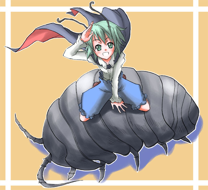 suichuu hanabi, wriggle nightbug, touhou, 1girl, androgynous, antennae, bug, cape, female focus, fusuma, green eyes, green hair, matching hair/eyes, pillbug, reverse trap, sliding doors, solo