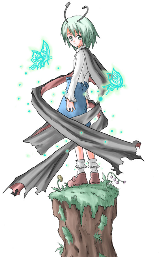 suichuu hanabi, wriggle nightbug, touhou, 1girl, androgynous, antennae, bug, butterfly, cape, female focus, flower, fusuma, green eyes, green hair, matching hair/eyes, reverse trap, sliding doors, solo