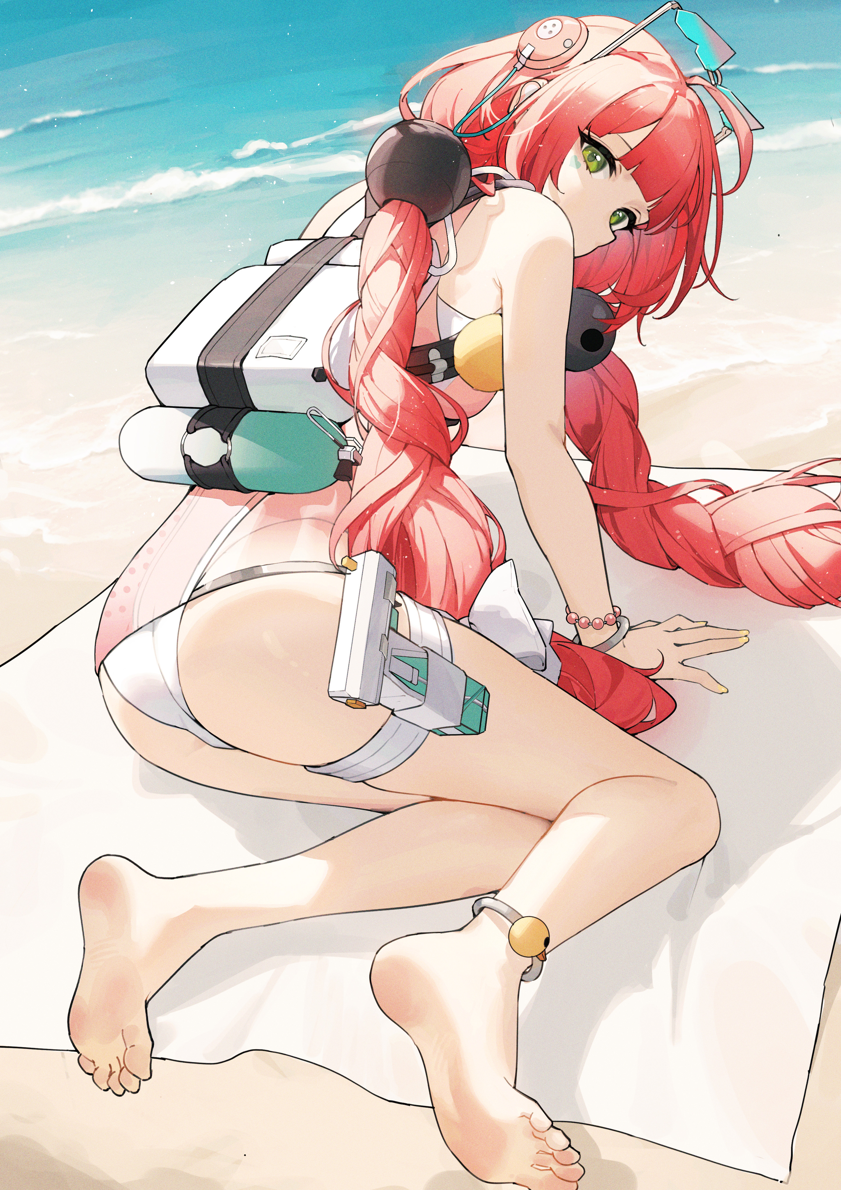 shiku, ukinami yuzuha, zenless zone zero, absurdres, highres, ankle wrap, ass, barefoot, beach, beach towel, feet, from behind, ocean, red hair, sand, soles, swimsuit, toes, towel