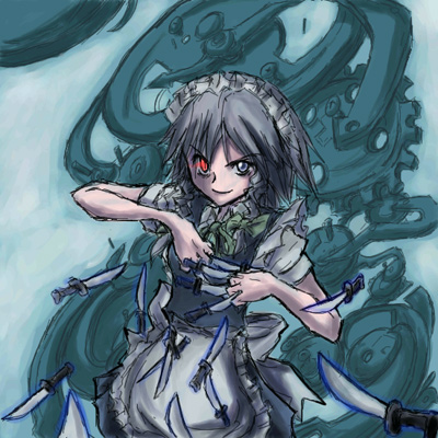 suichuu hanabi, izayoi sakuya, touhou, silver hair, lowres, 1girl, braid, female focus, fusuma, knife, short hair, sliding doors, solo, throwing knife, twin braids, weapon