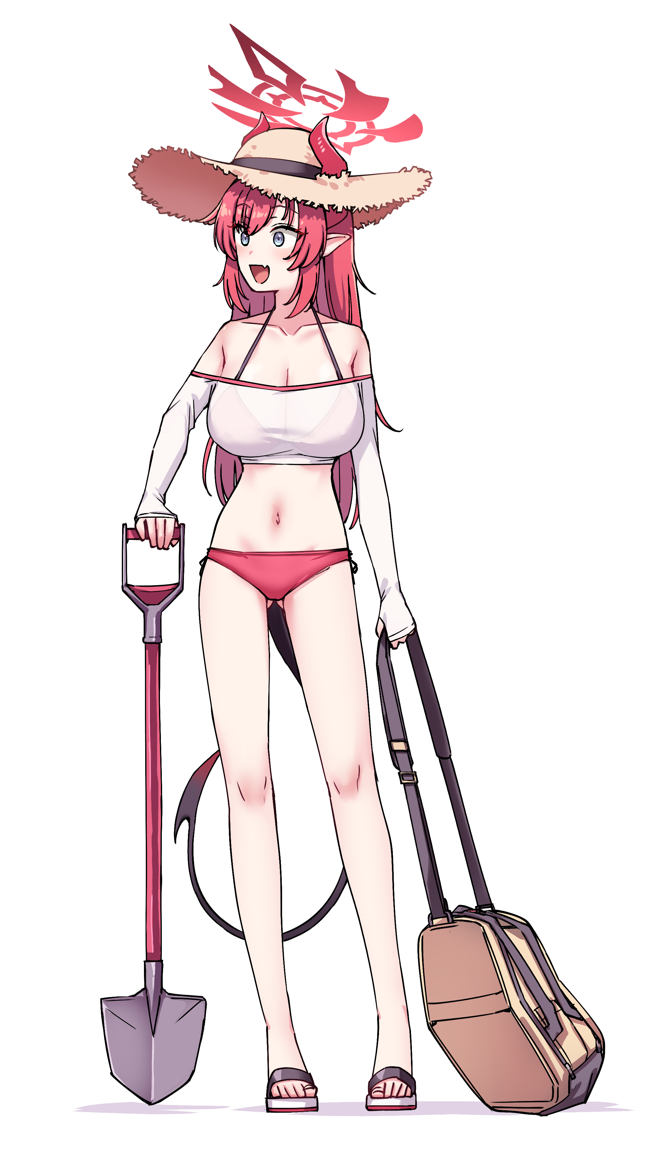 kiritto, megu (blue archive), megu (swimsuit) (blue archive), blue archive, absurdres, highres, 1girl, bikini, bikini visible through clothes, blue eyes, breasts, cleavage, fang, gluteal fold, halo, hat, holding, holding shovel, horns, horns through headwear, large breasts, long hair, long sleeves, navel, open mouth, pointy ears, red bikini, red hair, red halo, red horns, sandals, see-through clothes, see-through shirt, shirt, shovel, skin fang, solo, straw hat, swimsuit, tail