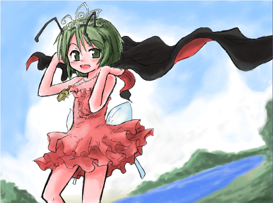 suichuu hanabi, princess wriggle, wriggle nightbug, touhou, 1girl, antennae, cape, dress, female focus, fusuma, green eyes, green hair, jewelry, matching hair/eyes, sliding doors, solo, wings