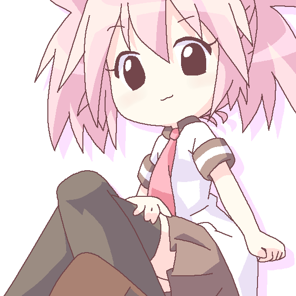 mirai (sugar), edomae lunar, seto no hanayome, 00s, 1girl, black thighhighs, brown skirt, chibi, closed mouth, crossed legs, female focus, looking at viewer, pleated skirt, school uniform, simple background, sitting, skirt, smile, solo, thighhighs, white background, zettai ryouiki