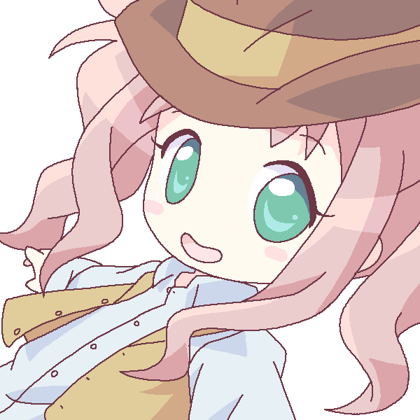 mirai (sugar), lirio, el cazador de la bruja, 00s, 1girl, :d, brown hat, buttons, chibi, close-up, collared shirt, female focus, green eyes, hat, long sleeves, looking at viewer, open mouth, pink hair, shirt, sidelocks, smile, solo, vest, white shirt