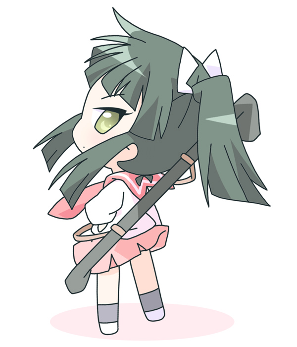 mirai (sugar), shiranui akeno, seto no hanayome, 00s, 1girl, chibi, female focus, from behind, green eyes, long sleeves, neckerchief, necktie, ponytail, red necktie, red skirt, sailor collar, school uniform, serafuku, shirt, sidelocks, simple background, skirt, solo, white background, white shirt