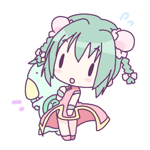 mirai (sugar), mei mei (nagasarete airantou), toono (nagasarete airantou), nagasarete airantou, lowres, 00s, black eyes, blush stickers, bracelet, bun cover, chibi, china dress, chinese clothes, double bun, dress, green hair, hair ribbon, jewelry, kappa, open mouth, ribbon, shoes, short hair, solo, sweatdrop