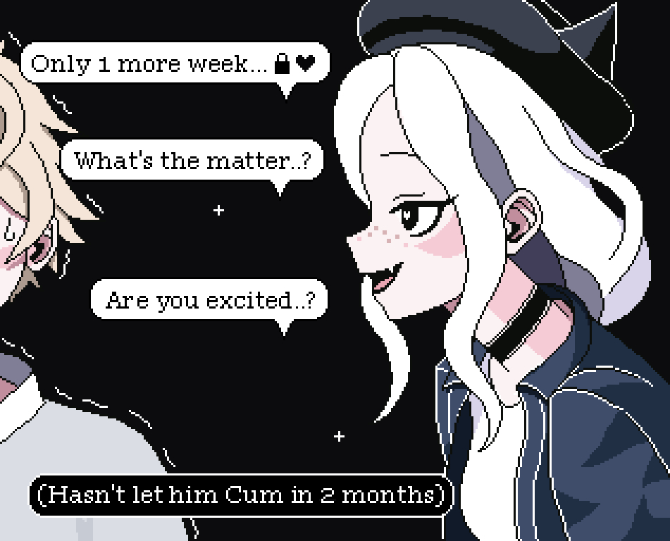 kumoripix, original, commentary, english commentary, 1boy, 1girl, black background, black choker, black eyes, black lips, blonde hair, chastity cage, choker, couple, denim, denim jacket, english text, fang, freckles, from side, hat, heart, heart-shaped pupils, jacket, pale skin, simple background, speech bubble, sweatdrop, symbol-shaped pupils, tank top, teasing, trembling, upper body, white hair, white tank top